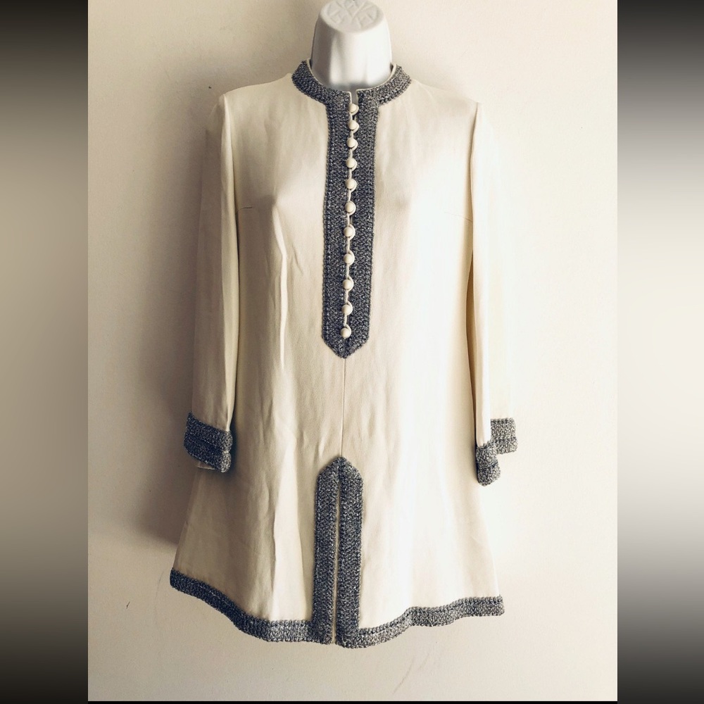 Vintage Lanvin 70s Silk Crepe Tunic Top or Mini Dress with Silver Lurex Trim S